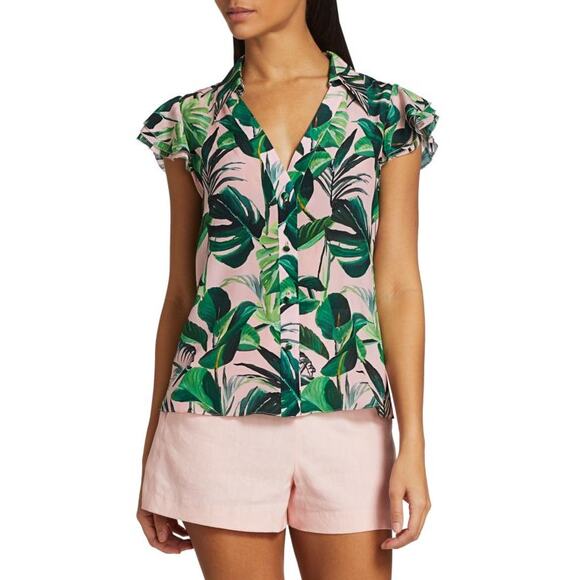 Alice + Olivia Tops - Alice + Olivia Randa Short Sleeve Ruffle Henley Top 100% Silk Size M Preowned